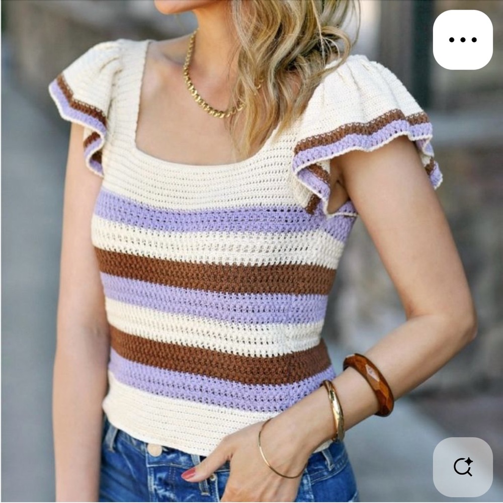 Mango Striped Crochet knit Top - Cream, Brown, Purple
